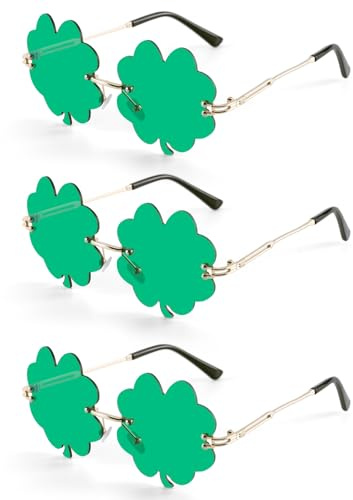 3 Paar St.Patricks Day Brille, Sonnenbrillen zum St. Patrick's Day, Lustige Brillen Irisch Sonnenbrillen mit Vierblättrigem, Sonnenbrille Leprechaun Kostüm Brille Metall Rahmen Damen Herren Party