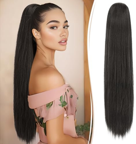 RUWISS Lang Glattes Pferdeschwanz Haarteil - 70 cm Kordelzug Clip Pferdeschwanz Haarverlängerungen Synthetik Zopf Haar Extension für Damen Tägliche (Dunkelbraun)