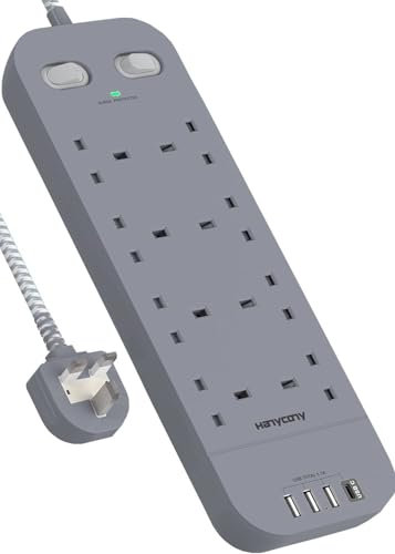 3M Extension Lead with 4 USB Slots, HANYCONY 8 Way Outlets Power Strip with 1800J Surge Protection, Double Switch Plug Extension with 10FT Braided Extension Cable for Home Office Accessories, Gray