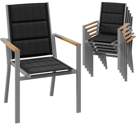 Devoko Gartenstuhl Set 6, Stapelbare Aluminium Esszimmerstühle, Maximale Belastung 160kg, Balkonstühle, Für Garten, Pool, Terrasse, Esszimmer, Gartenmöbel, Hellgrau & Holz