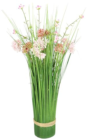 Künstlicher Grasbund mit Blüten Grasarrangement Grasbusch Grasbüschel Deko Bündel Kunstblumen Stehgras Kunstpflanze Kunstgras Grasbündel Grünpflanze Pflanze Ziergras Gräser Sträucher Solitärgras, Rosa