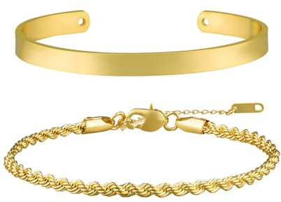 AWARDSEN Mens Bracelets, 2 Pcs Gold Bracelet for Men 18K Gold Cuff Bangle Cuban Snake Rope Chain 18+5 CM Men's Jewellery for Men Wonmen Friends Lover Gifts