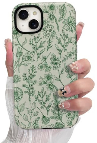 SOKAD Magnetic Sage Floral Phone Case for iPhone 13, Vintage Green Flower Pattern Compatible with Magsafe Matte Protective Case Cover with Screen Protector for Girls Women