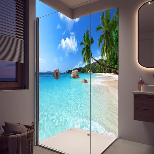 Duschrückwand Türkises Meer und blauer Himmel Seychellen - Wandverkleidung für Dusche aus ALU Matt 0,3 cm - fugenlos & wasserfest - Rückwand Dusche 100 x 250 cm - RUECKWAND24