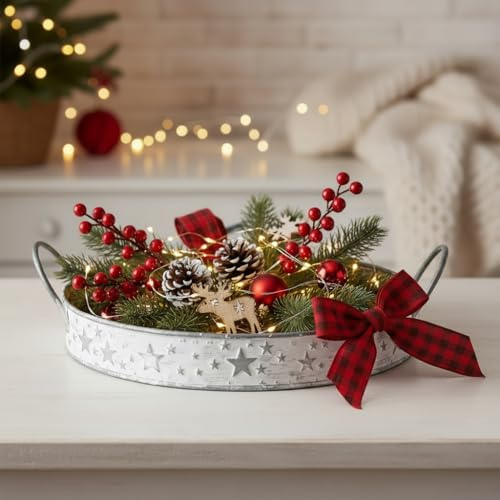 Stephanus Deko Tablett, Vintage Metall Serviertablett mit Sternen, Grau-Weiß, Rund mit Griffen, 32x28x6,5 cm