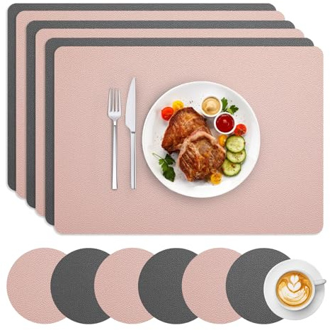 AiiBowy Tischsets Abwaschbar 6er Set, Platzsets Lederoptik - mit Untersetzer,Doppelseitigen, Hitzebeständig, rutschfest, Abgrifffeste - PVC Platzdeckchen: 30x43cm (Rechteckig, Rosa+Grau)