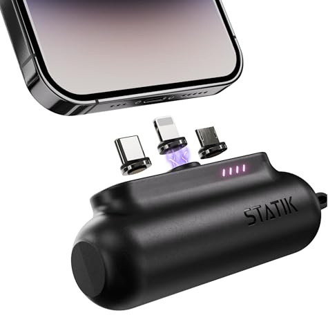 STATIK Snap-N-Charge (Gen 3) Mini Powerbank, tragbares Ladegerät für alle Geräte,3-in-1 Magnet-Adaptern (USB-C, Micro-USB, iProduct), kompakt, 3.200 mAh, 10W, Schwarz, 1er-Pack
