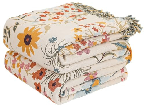 HOORDRY Boho Tagesdecke 100% Baumwolle 230x250CM,Beige/Blau | Doppelseitige Große Sofadecke mit Quasten,Hochwertig Dekorative Weiche Decke,Bettüberwurf, Sofabezug oder TV-Decke