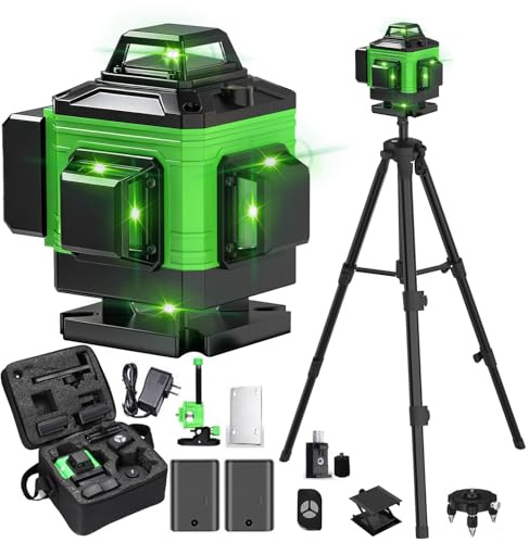 Nivel láser autonivelante 360° X 4, láseer de construcción 4D con 16 líneas láser, modo de pulso para exteriores, 2 baterías, autonivelación, soporte rotativo, control remoto (verde Con Tripode)