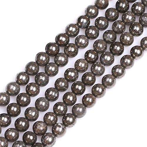 GEM-Inside Natural 8mm Silver Gray Pyrite Round Gemstone Semi Precious Loose Beads for Jewellery Making 15''