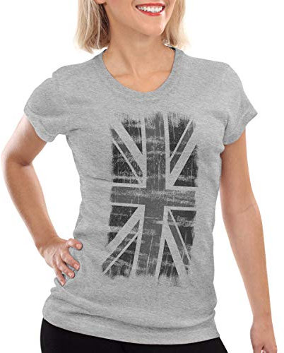 style3 England Vintage T-Shirt Damen Jack Union Flagge London Großbritannien, Farbe:Grau meliert, Größe:S