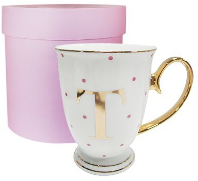 Bombay Duck Alphabet Spotty Metallic Mug Letter T Gold with Fuchsia Spots, Porcelain, White, 1 Count (Pack of 1)