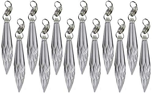 12 Clear Chandelier Drops Droplets Cut Glass Crystals Beads Christmas Tree Vintage Wedding Decorations Prisms Antique Light Lamp Parts Crafts (76mm 32-Facet Icicle Drop)