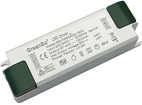 GreenSo 60W Transformator, LED Treiber, Netzteil AC200-240V und DC27-40V, 1500mA Konstantstrom Trafo für 60x60cm 62x62cm 120x30cm LED-Panel-Licht GS-PA60A02-1500 TÜV CE SAA RoHS Zertifikate (1 Stück)