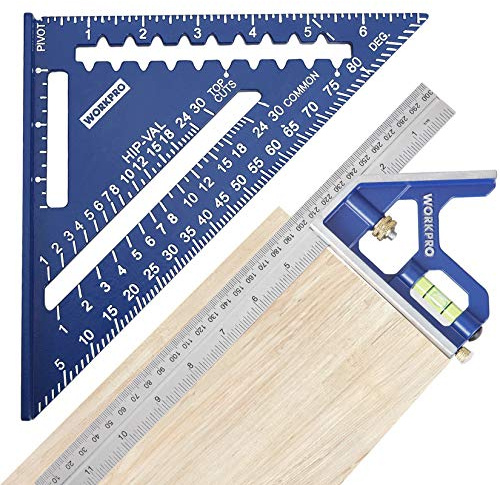 WORKPRO Aluminum Alloy Carpenter Square and Zinc-Alloy Square Ruler Set - 7 in. Rafter Layout Tool and 12 in. Combination Square Combo