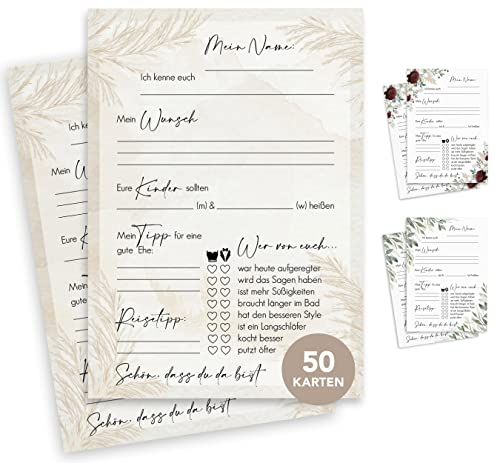 luftundliebe 50 Gästekarten Hochzeit - Gästekarten Hochzeit zum ausfüllen - Gästebuchkarten für Hochzeit - Gästebuchseiten - Hochzeitsspiel - Pampas