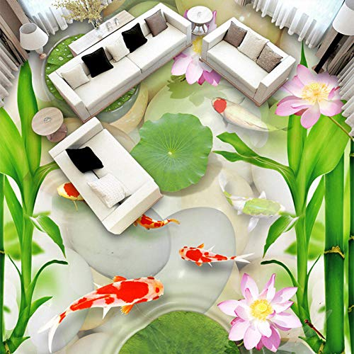 Benutzerdefinierte Foto Tapete Chinesische Art Goldfisch Kiesel Bambus Lotus Frosch 3D Bodenfliesen Wandtapete Wohnzimmer PVC Aufkleber-430 * 300cm