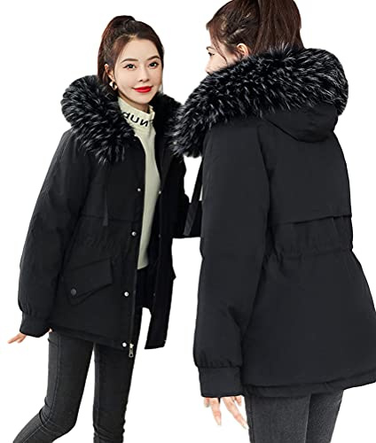 Minetom Manteau Femme Hiver Doudoune Chaud Parka Longue Blouson À Capuche en Fausse Fourrure Trenche Grande Taille Duvet en Coton D Noir S