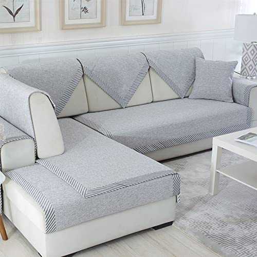 Sofabezug aus Baumwolle und Leinen, rutschfest L Form Couch überzug Sofaüberwurf für 1, 2, 3, 4 Kissen, Sofa und Haustier Stuhlbezug-Grau 110x210cm/43x83 Zoll