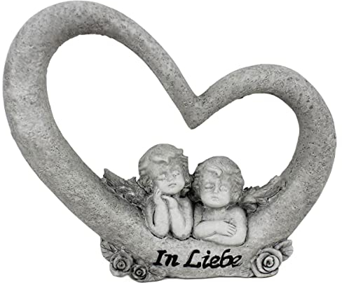 hLine Grabfigur Grab Dekoration Herz mit 2 Engel Schrift In Liebe 17 cm, Steingrau