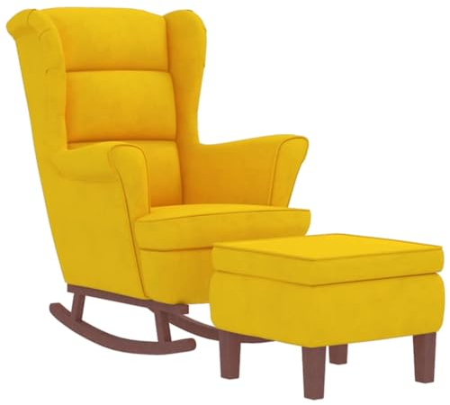 vidaXL Schaukelsessel und Hocker mit Holzbeinen Gelb Samt, Sessel mit Hocker, Relaxsessel, Relaxstuhl, Schaukelsessel, Relaxsessel mit Hocker, Stuhl