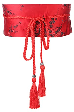 FAD-4U Damen-Kimono-Gürtel, Baumwolle, Obi-Gürtel, japanischer Stil, bestickt, breiter Bund, Gürtel mit Quaste, Yukata-Robe, Zubehör, rot, One size