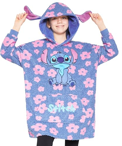 Disney Sweats à Capuche Fille, Pull Plaid Enfant, Pull Stitch, Poncho Plaid Oversize en Polaire Enfant Ado Taille Unique (Bleu Stitch Fleurs)