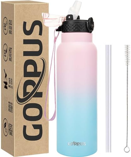 GOPPUS 750ml/26oz Stainless Water Bottle with Straw Double Wall Insulated Bottles with Strap Reusable Vacuum Thermal Flask Leakproof Keep Cold Drinks Bottles with Flip Top Lid for Men Women BPA Free