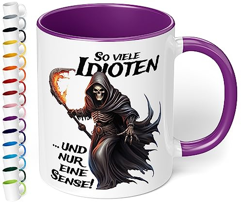 Lustige Büro Tasse „So viele Idioten und nur eine Sense!“ - 330ml Keramik Kaffeebecher mit Spruch Statement Geschenke für Kollegen Mitarbeiter Büro Arbeit Geburtstag Weihnachten (Violett)