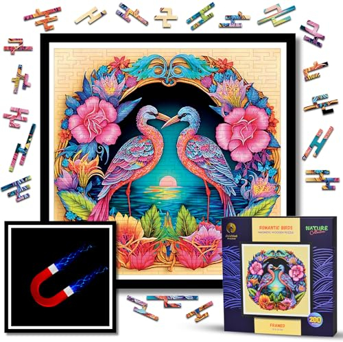 Holzpuzzle Erwachsene Mit Rahmen - Magnetische HolzPuzzles Tiere 200 Teile - Holz Puzzle erwachsen Schwer- Wooden Puzzle - Wanddeko Wohnzimmer - Geburtstags Weihnachten Geschenke (Romantic Birds)