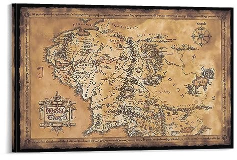 Generic Kunstdruck auf Leinwand, Motiv: Mittelerdkarte, Herr der Ringe, 61 x 91,4 cm, Fantasy-Karte, vollfarbig, glänzend