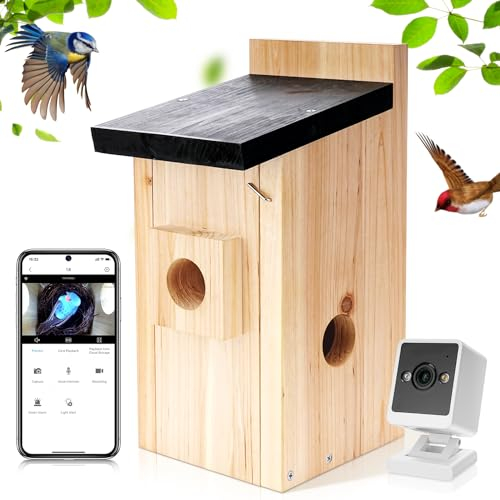 Ideashop Smart Birdhouse with 3MP Camera Wireless, 13 H Hanging Wooden Bird House Box for Outside, Outdoor Bird Nest Camera for Recording & Watching Birds, Gifts for Bird Lovers
