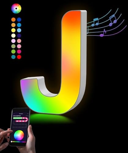 LED Buchstabenlampe – Farbwechsel Alphabet Licht mit USB, APP-Steuerung, Musik Sync – Geschenk Mädchen 12 Jahre, für Geburtstag, Wanddeko, Nachtlicht Kinderzimmer - Buchstabe J