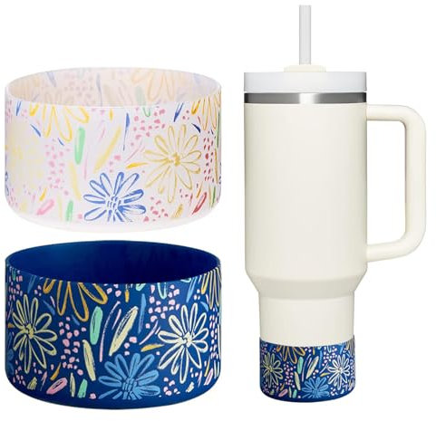 WK IEASON 2 Pcs Tumbler Bottom Protector Boot for Stanley Quencher Adventure 40oz & Stanley IceFlow 20oz 30oz and Compatible with Hydro Flask Water Bottle 12oz 21oz 24oz(Transparent/Blue Flower)