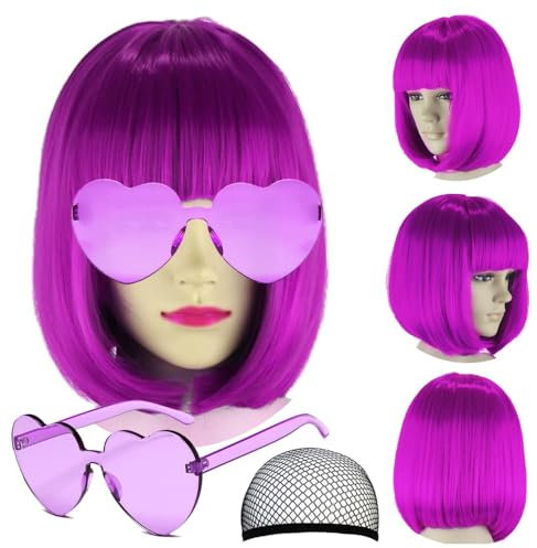 DAJOOEE Perruque synthétique courte violette avec frange plate, résistante à la chaleur, pour cosplay et fêtes costumées