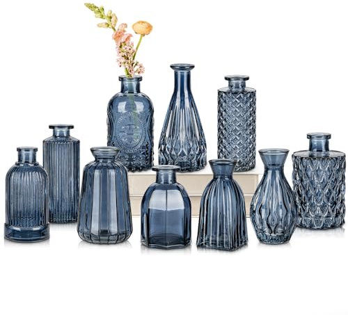10er-Set Kleine Vasen Kleine Glasvase Vintage Deko Vasen Set Blumendekoration für Tischdeko Mittelstücke, Hochzeitsdekorationen, Blumen Deko Wohnzimmer Bad Muttertagsgeschenk, Blau