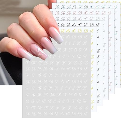 Calkrer 7 Blätter Nagelsticker mit alten Alphabetzahlen, selbstklebende Nagelaufkleber, Dekoration für Nail Art, Sticker für das Design der Nägel und Zubehör.