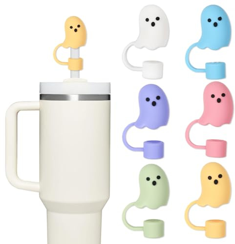 Whaline 6Pcs Halloween Straw Covers Cap Boo Ghost Silicone Reusable Straw Topper Colorful 10mm/0.4In Straw Lids Protectors for 30/40 OZ Tumbler Cups Accessories