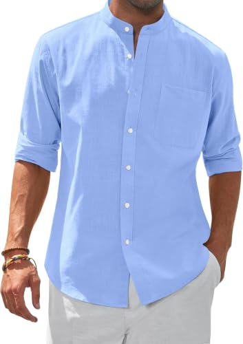 siliteelon Men's Long Sleeve Linen Shirt Light Blue Regular Fit Casual Summer Beach Shirt with Pocket,XL