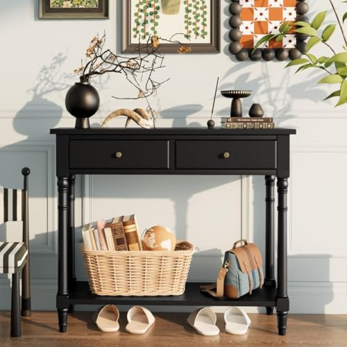 PADMA HOUSE Solid Wood Console Entry Table with 2 Drawers, Accent Sofa Table with Storage Shelf, Narrow Entryway Hall Table for Living Room Office Easy Assembly 90 * 35 * 76.5 cm (Black)