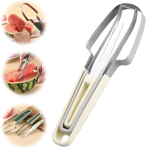 Coupe-fourchette à pastèque 3 en 1, nouvel outil de coupe de glace à la pastèque en acier inoxydable 2024, outil de coupe rapide de fruits à fourchette à pastèque (Beige, 1 PCS)