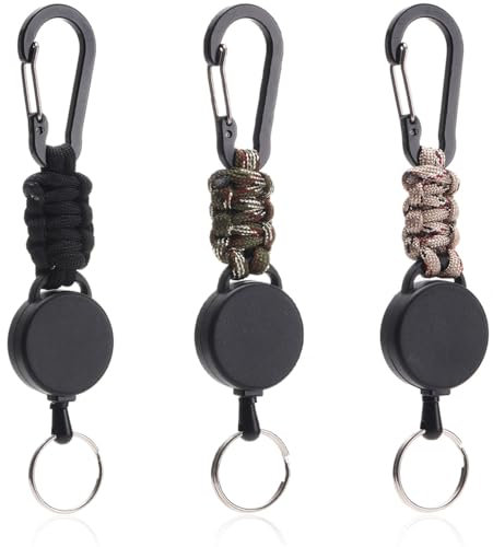 Taasmoog Ausziehbarer Schlüsselanhänger, 3 Stück, Schwarz, Armee Grün, Tarnfarbe, Metall, Nylon, Kunststoff, Klassisch, Karabiner, Stahlseil, 60 cm