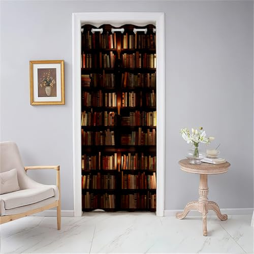Odot Türvorhang Blickdicht mit Ösen, Verdunklungsvorhänge Vintage-Bücherregal-Druck Vorhang 1 Stück Thermovorhang Wohnzimmer Schlafzimmer Schrank Raumteiler Vorhang (120x180cm,Stil B)