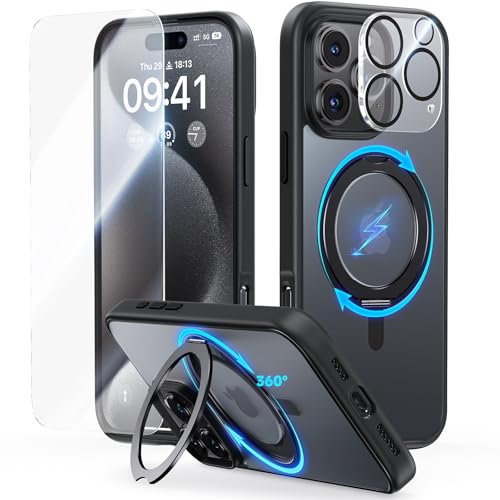 JUESHITUO for iPhone 16 Pro Case: 360° Spin Magnetic Stand, Full Camera Protection, Fit for MagSafe, 16FT Military Grade Shockproof Protective Phone Cover with Kickstand Ring Holder, Black Titanium