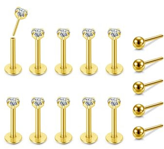 PiercingJak 10stk Lippenpiercing Gold Chirurgenstahl Labret Stud Ohrstecker Tragus Helix Piercing mit Zirkonia Kugel Push In Ohrpiercing Stecker 1.2mm 8mm