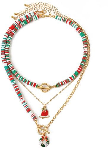 FDEETY Kette Layered Damen Bunte Perlenkette Weihnachten Anhänger Kette Handgefertigt Perlenkette Zarte Mehrreihige Halskette Hypoallergene Weihnachtsschmuck Geschenk