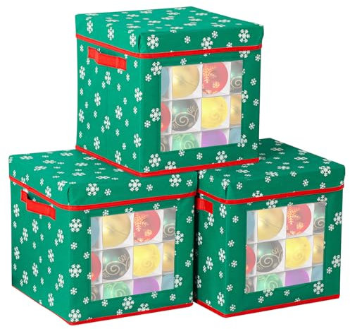 Anbtaee 3Packs Green Weihnachtsschmuck Aufbewahrungsbox für 192 Feiertagsornamente 7.5cm, Xmas Urlaub Aufbewahrungsbehälter mit Reißverschluss Deckel, zwei seitliche Griffe und Taschen, Grün