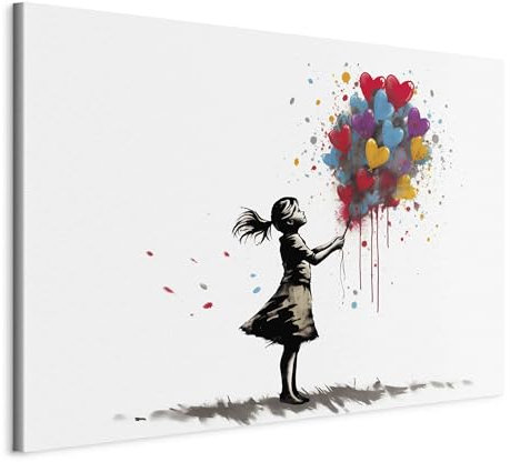 murando - Wandbilder XXL Banksy art 120x80 cm 1 tlg - Wand Deko Leinwand Bilder Groß Wanddeko Wohnzimmer Schlafzimmer Kunstdrucke - kleines Mädchen mit einem Strauß Rosen Weiß h-H-10029-b-a