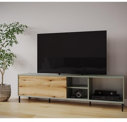 Lomadox Wohnzimmer TV-Lowboard Media Möbel Fernsehtisch in grau-grün mit Eiche