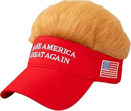 Buckets of Hats Trump MAGA Visor Hat with Funny Hair – Red Make America Great Again Visor